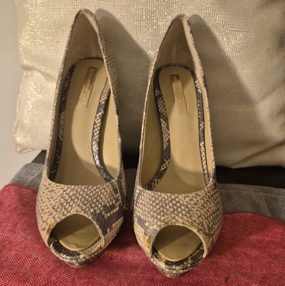 BCBGMaxAzria Snakeskin Peep-Toe Heels